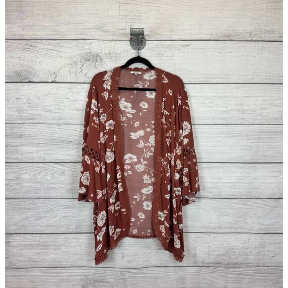 Maurices Plus Size Rust Floral Lace Trim Kimono Size 3X - Picture 1 of 8